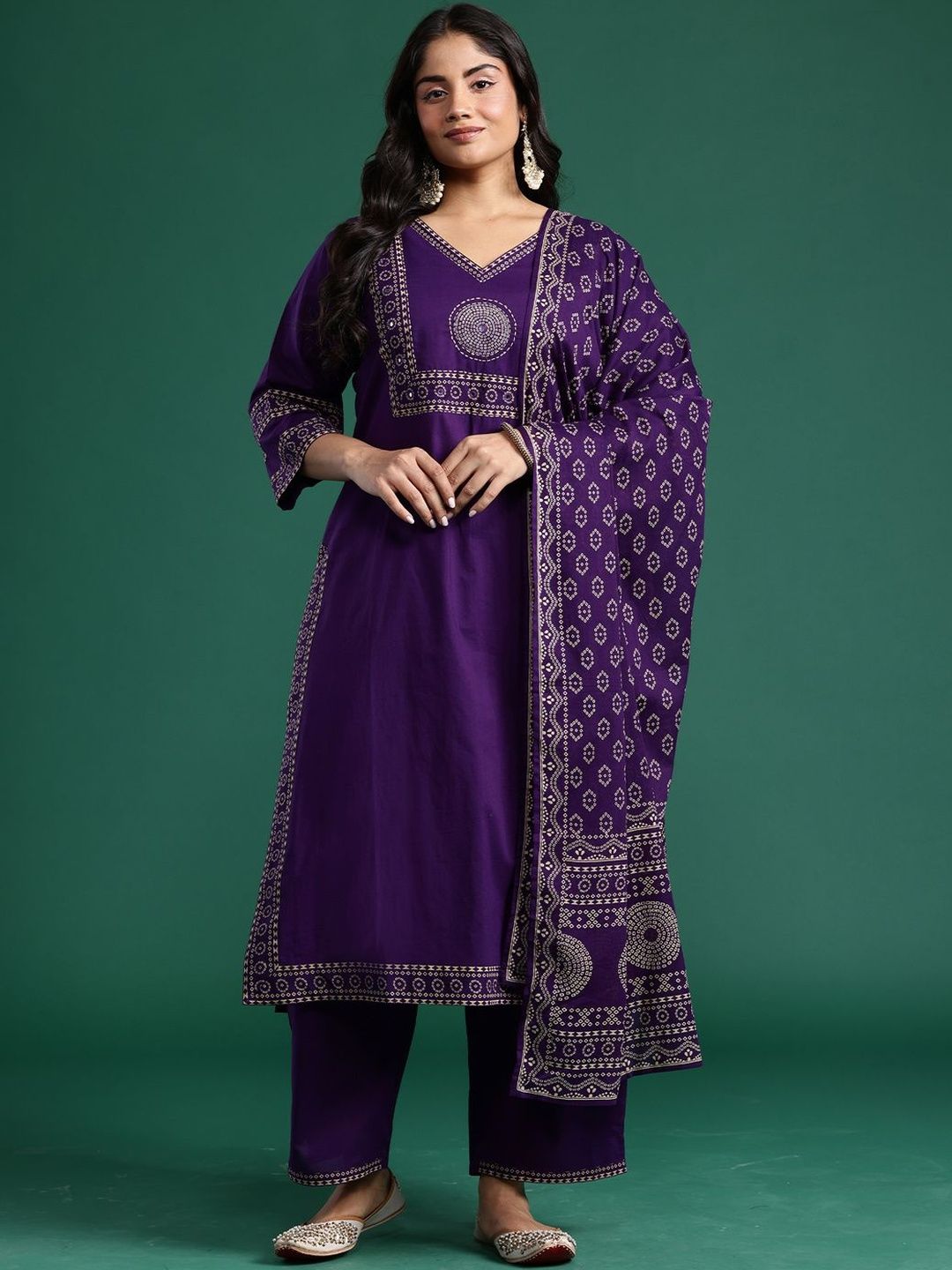 Indyancart Women's Ethnic Motifs Printed Regular Mirror Work Pure Cotton Kurta with Trousers & With Dupatta