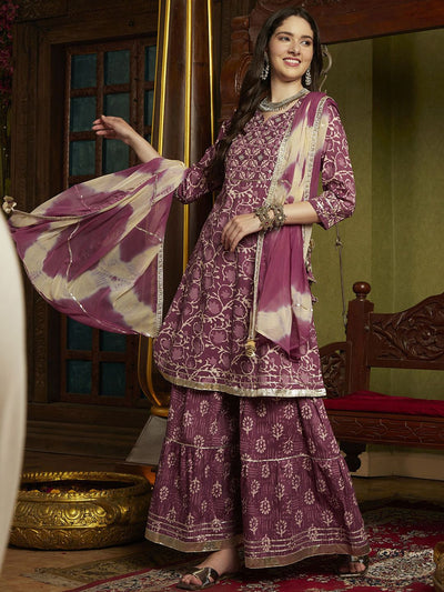 Indyancart SN Women's Purple Floral Printed Notch-Neck Pure Cotton A-Line Kurta With Sharara & Dupatta.