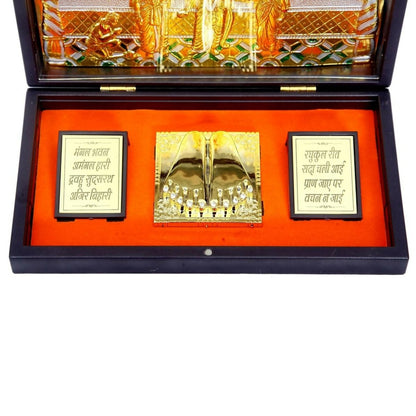 Gold-polished Anciently Ram Darbar pocket temple box with rectangular shape, featuring detailed god idols and Charan Paduka.