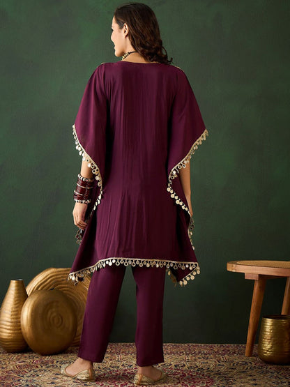 Indyancart SN Women's Burgundy Geometric Embroidered V-Neck Mirror Work Kaftan With Trousers