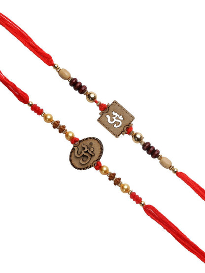 Anouk Set Of 2 Red Wooden Om Beaded Rakhi With Roli Rice & Greeting Card