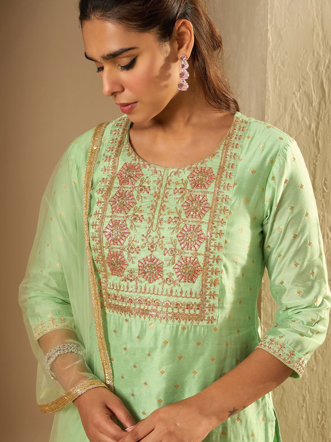 Indyancart IE Floral Embroidered Chanderi Silk Straight Kurta With Trousers & Dupatta