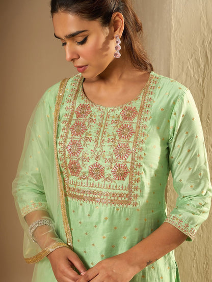 Indyancart IE Floral Embroidered Chanderi Silk Straight Kurta With Trousers & Dupatta