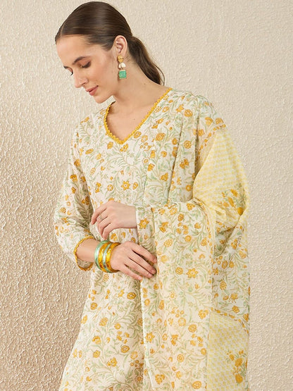 Floral Printed V-Neck Regular Pure Cotton Straight Kurta With Trousers & Dupatta