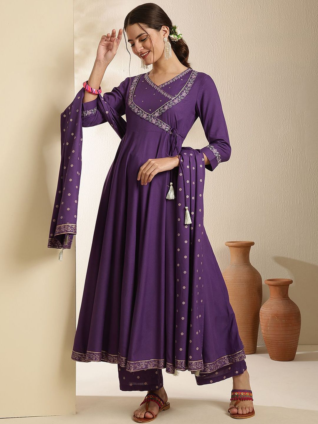 Indyancart SN Women's Embroidered V-Neck Anarkali Kurta With Trouser & Dupatta