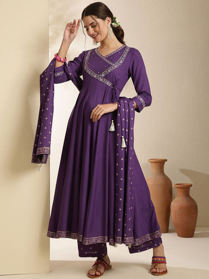 Indyancart SN Women's Embroidered V-Neck Anarkali Kurta With Trouser & Dupatta