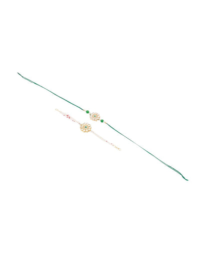 Anouk Set Of 2 Kundan Floral Design Gold Toned Bhaiya Bhabhi Rakhi Set With Roli Chawal
