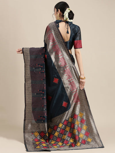 Women's Silk Blend Teal blue Woven Design Designer Saree With Blouse Piece