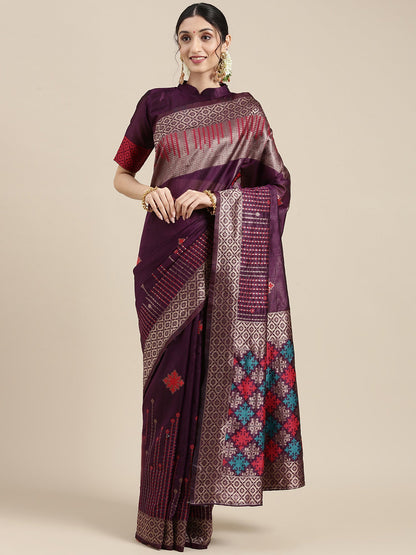 Women's Silk Blend Purple Woven Design Designer Saree With Blouse Piece