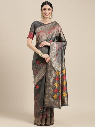 Women's Silk Blend Grey Woven Design Designer Saree With Blouse Piece
