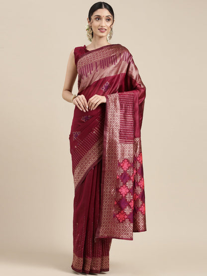 Women's Silk Blend Magenta Woven Design Designer Saree With Blouse Piece