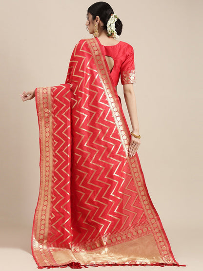 Women's Silk Blend Red Woven Design Celebrity Saree With Blouse Piece