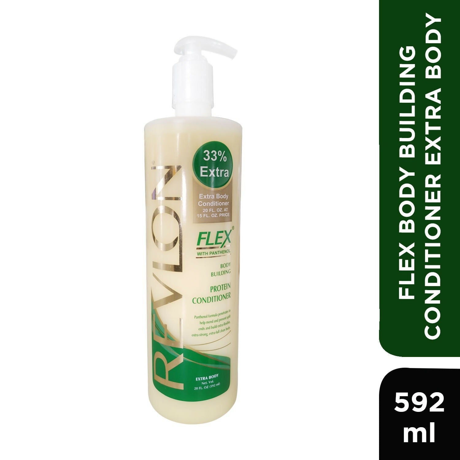 Revlon Flex Body Building Protein Conditioner with extra body, showing a bottle of conditioner with a blue label and pump dispenser.