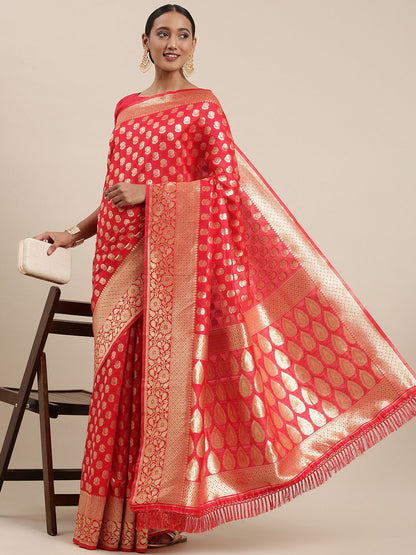 Women's Silk Blend Red Woven Design Woven saree With Blouse Piece