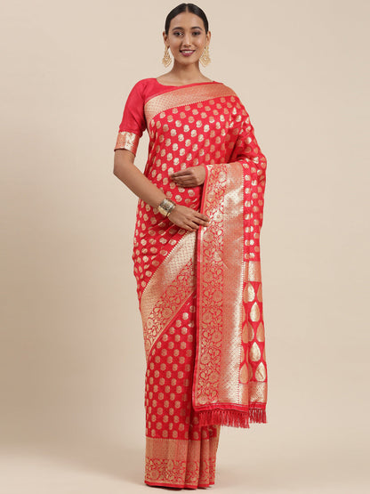 Women's Silk Blend Red Woven Design Woven saree With Blouse Piece