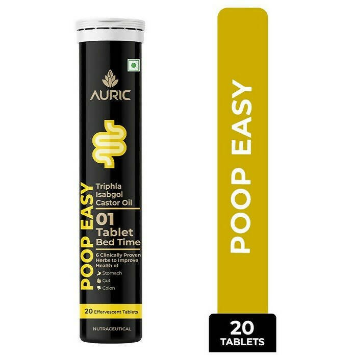 Auric Poop Easy Ayurvedic effervescent tablets in a glass with tablets and water, showing vibrant packaging and dissolution process.