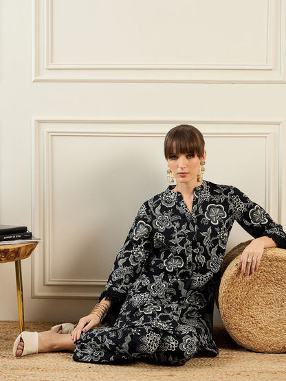 Dhiyona IE Floral Printed Mandarin Collar Pure Cotton Tunic Top With Trousers