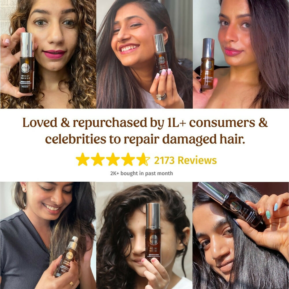 Vilvah Store anti-frizz hair serum bottle with dropper applicator, smooth and shiny hair treatment for frizz control.