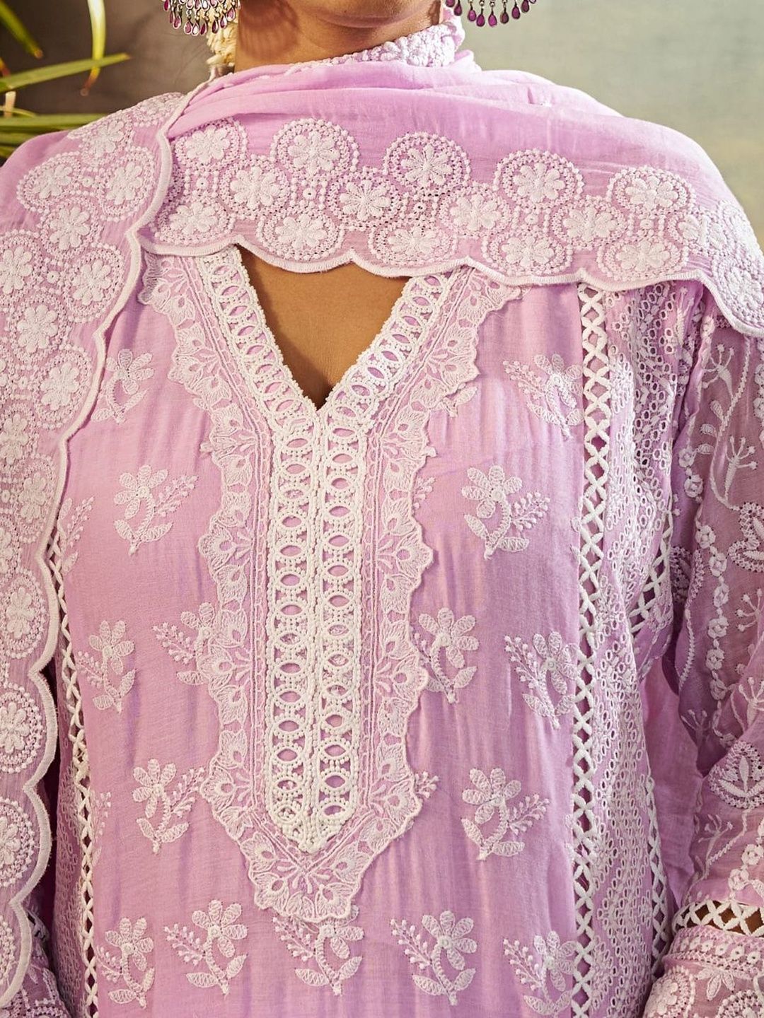 Women Ethnic Motifs Embroidered Regular Chikankari Pure Cotton Kurta with Trousers & With Dupatta