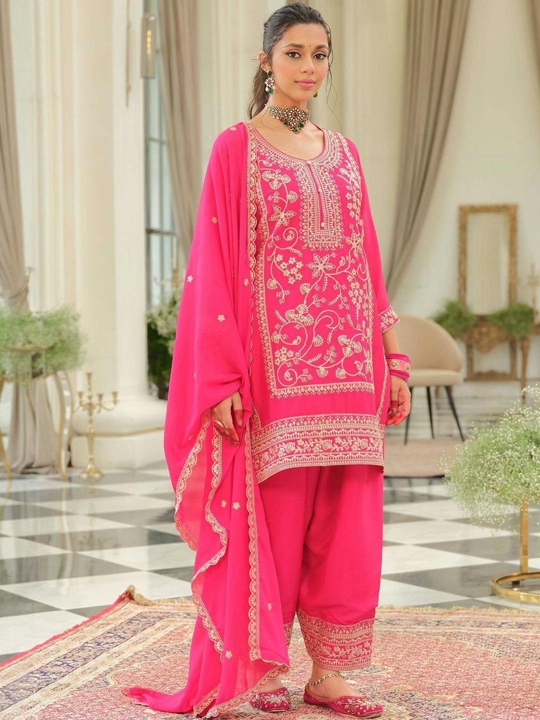Women Ethnic Motifs Self Design Sequinned Kurta with Patiala & With Dupatta