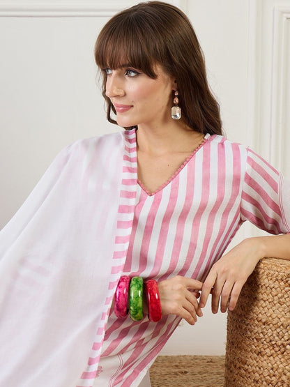 Women Striped Regular Linen Kurta with Trousers & With Dupatta