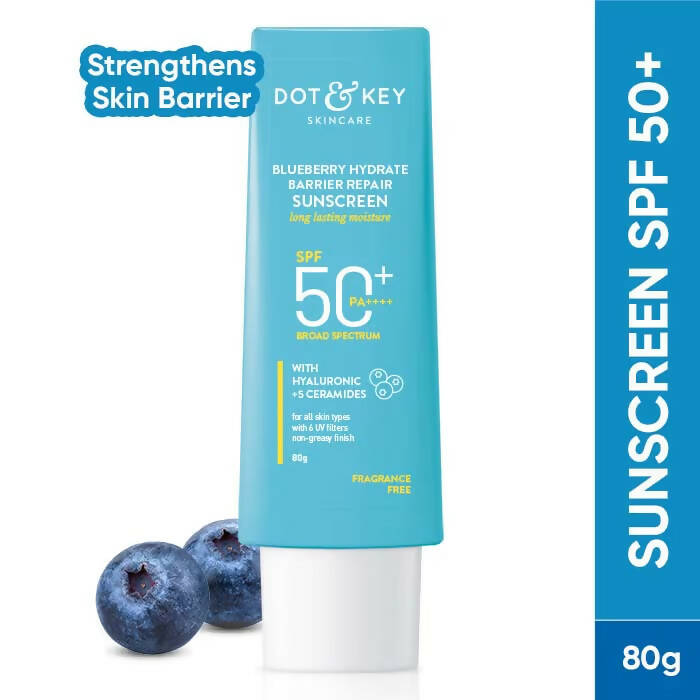 Dot & Key Blueberry Hydrating Barrier Repair Sunscreen SPF 50+ with hyaluronic acid and ceramides, showing the sunscreen tube and packaging.