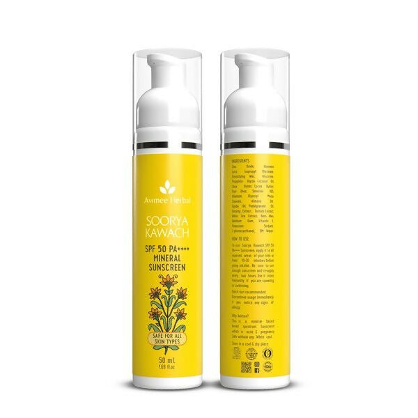 Avimee Herbal Suncreen SPF50 PA++++ bottle, suitable for all skin types, with natural herbal ingredients and broad-spectrum sun protection.