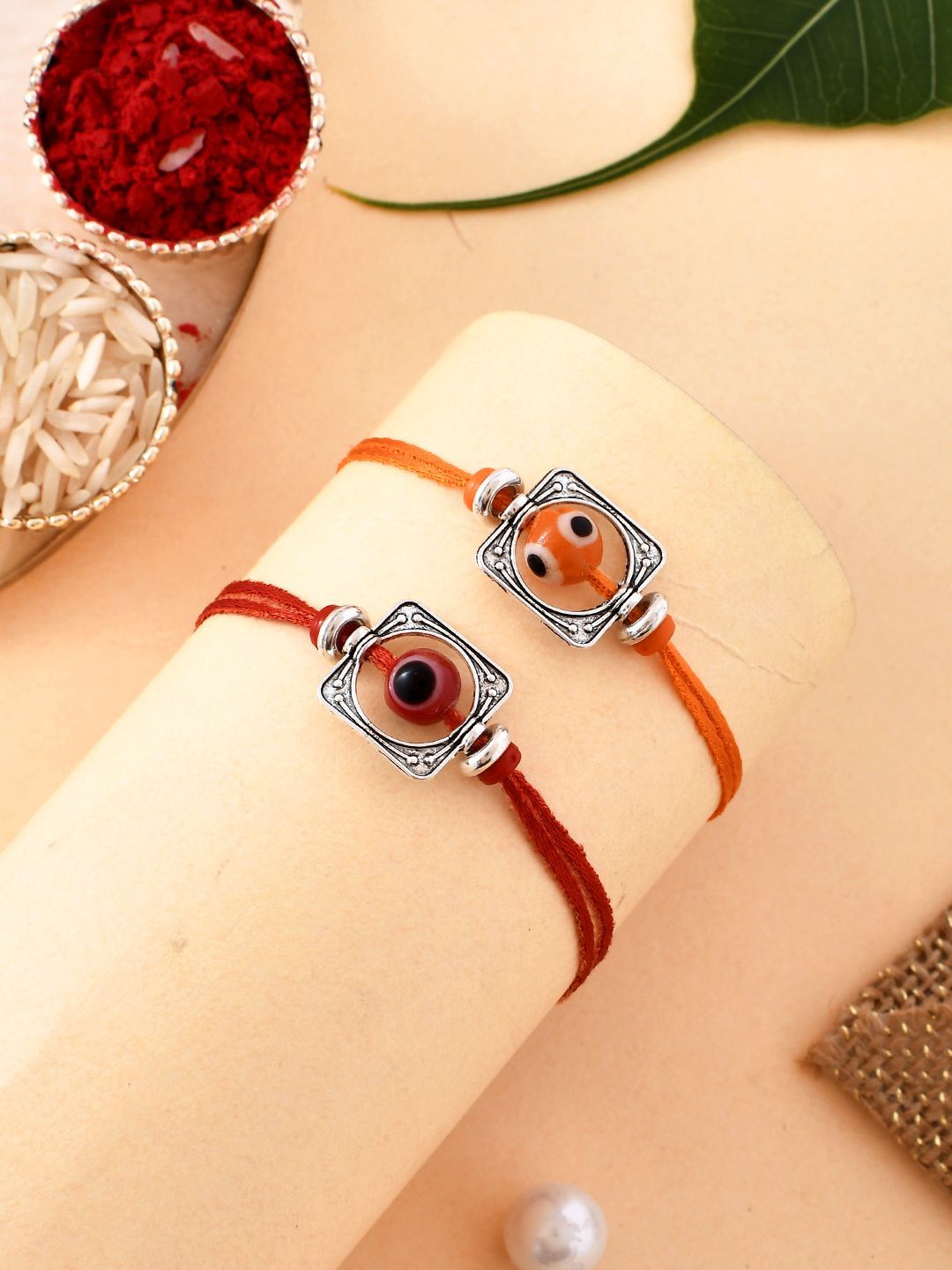 Anouk Silver Toned Set Of 2 Beaded Thread Rakhis With Roli Chawal & Greeting Card