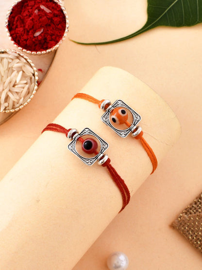Anouk Silver Toned Set Of 2 Beaded Thread Rakhis With Roli Chawal & Greeting Card