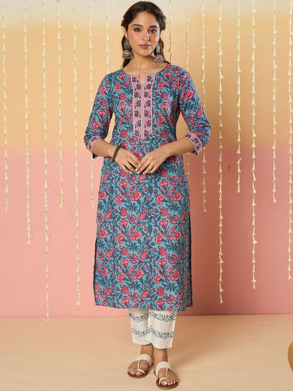 Women Floral Printed Regular Pure Cotton Kurta with Trousers & With Dupatta