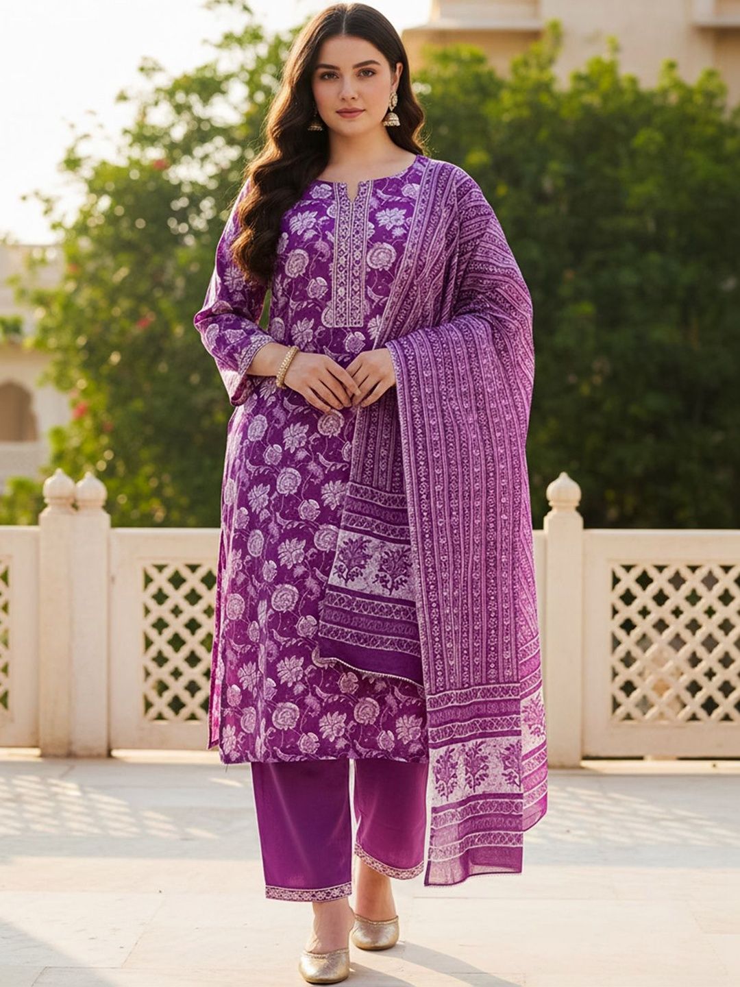 Indyancart Women's Floral Printed Regular Mirror Work Pure Cotton Kurta with Trousers & With Dupatta
