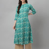 Women's Floral Printed Teal Green Cotton A-Line Kurta