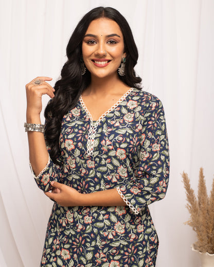 Women's Floral Printed Blue Cotton Straight Kurta