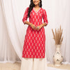 Women's Rani Pink Leaf Printed Cotton Straight Kurta