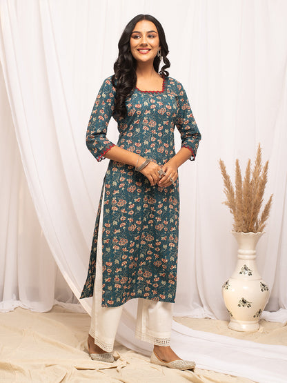 Dhiyona FL Women's Turquise Floral Printed Cotton Straight Kurta