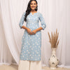 Women's Floral Printed Sky Blue Cotton Straight Kurta