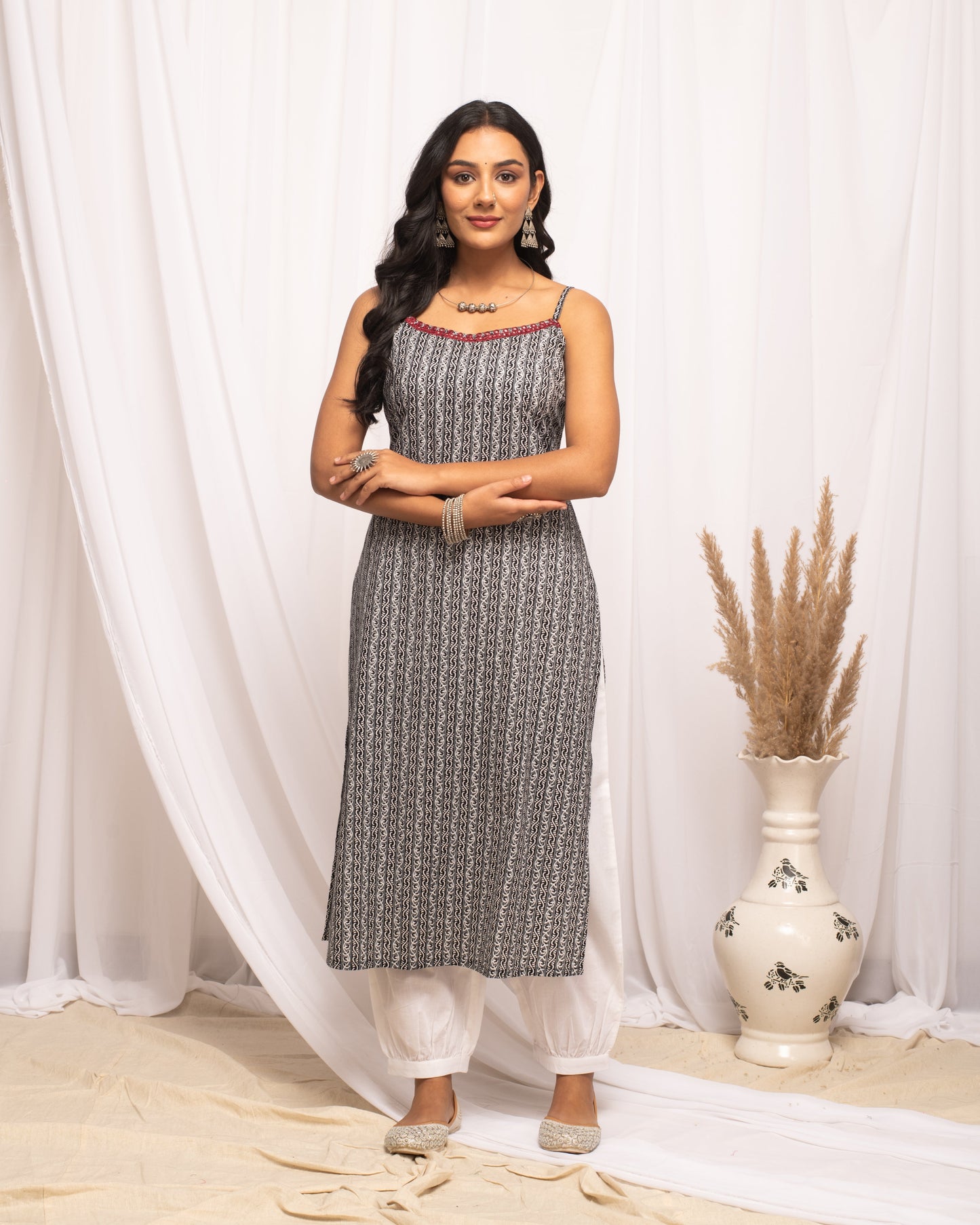 Women's Strip Printed Black Cotton Straight Kurta
