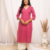 Women's Floral Printed Pink Cotton Straight Kurta