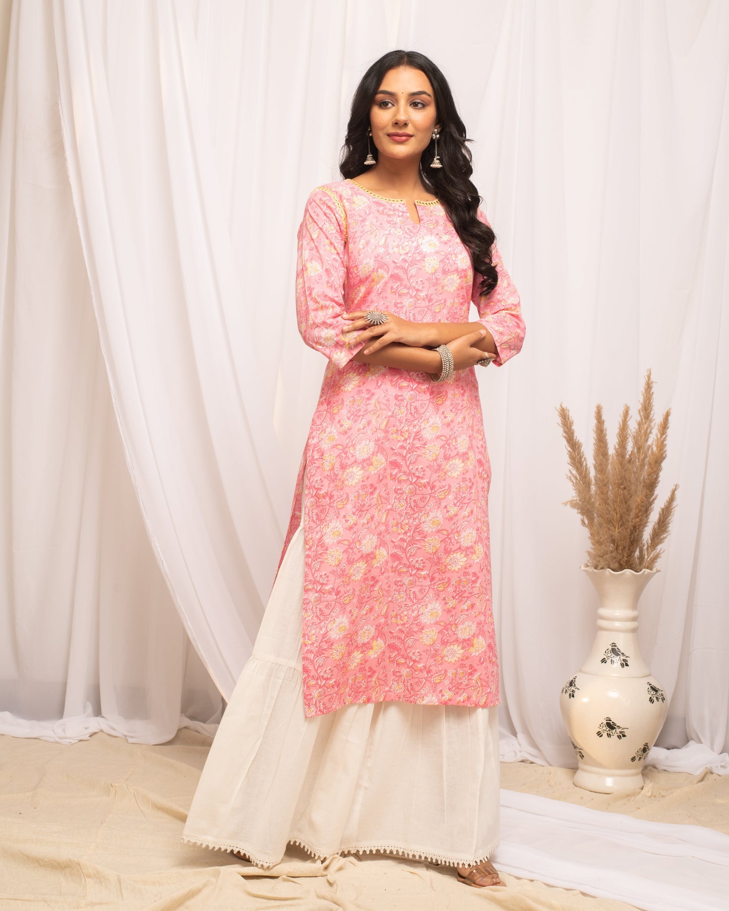Women's Floral Printed Peach Cotton Straight Kurta
