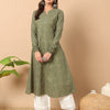 Women's Floral Printed Green Cotton A-Line Kurta