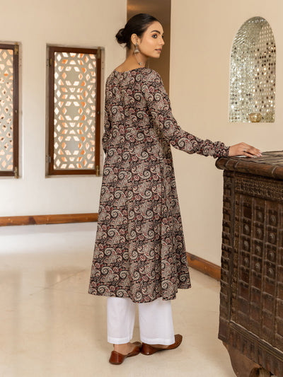 Indyancart FL Women's Brown Paisley Printed Cotton Anarkali Kurta