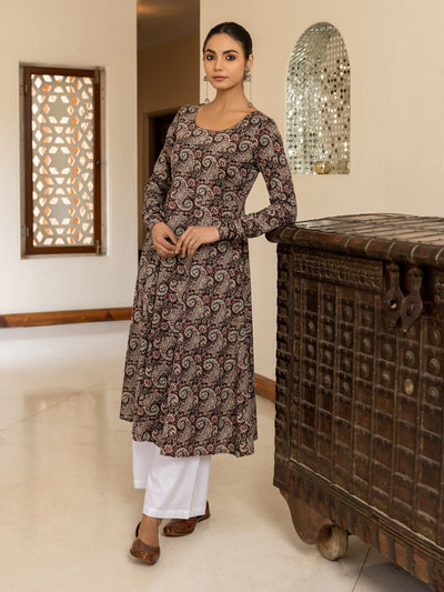Indyancart FL Women's Brown Paisley Printed Cotton Anarkali Kurta