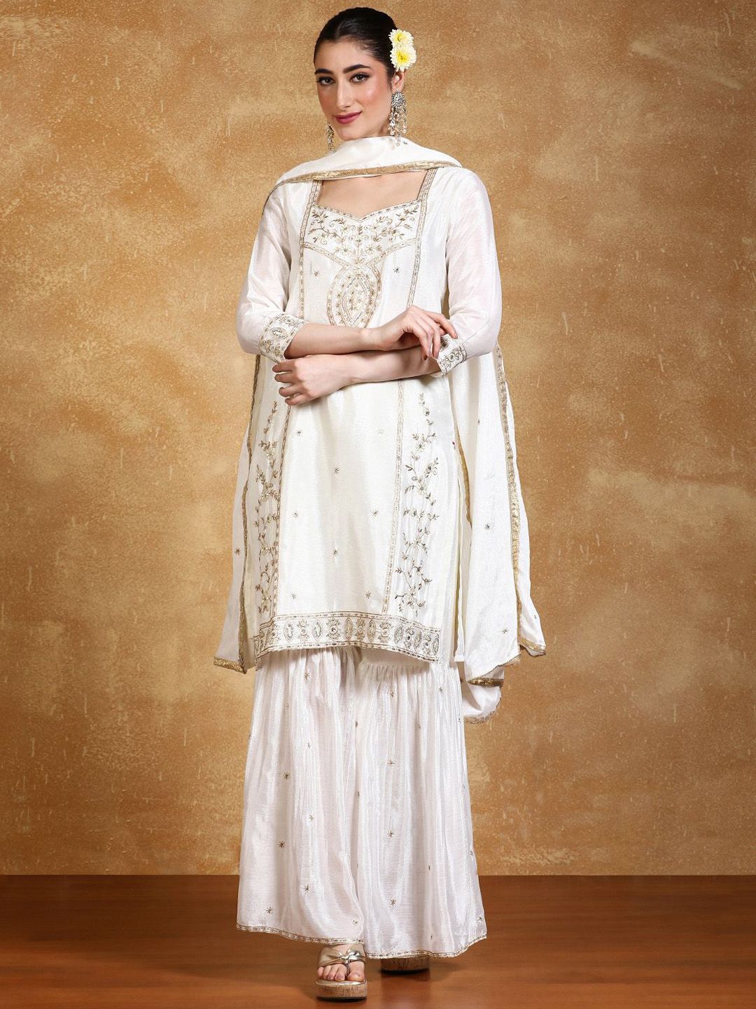 Indyancart VA Women Floral Embroidered Kurta with Sharara & Dupatta