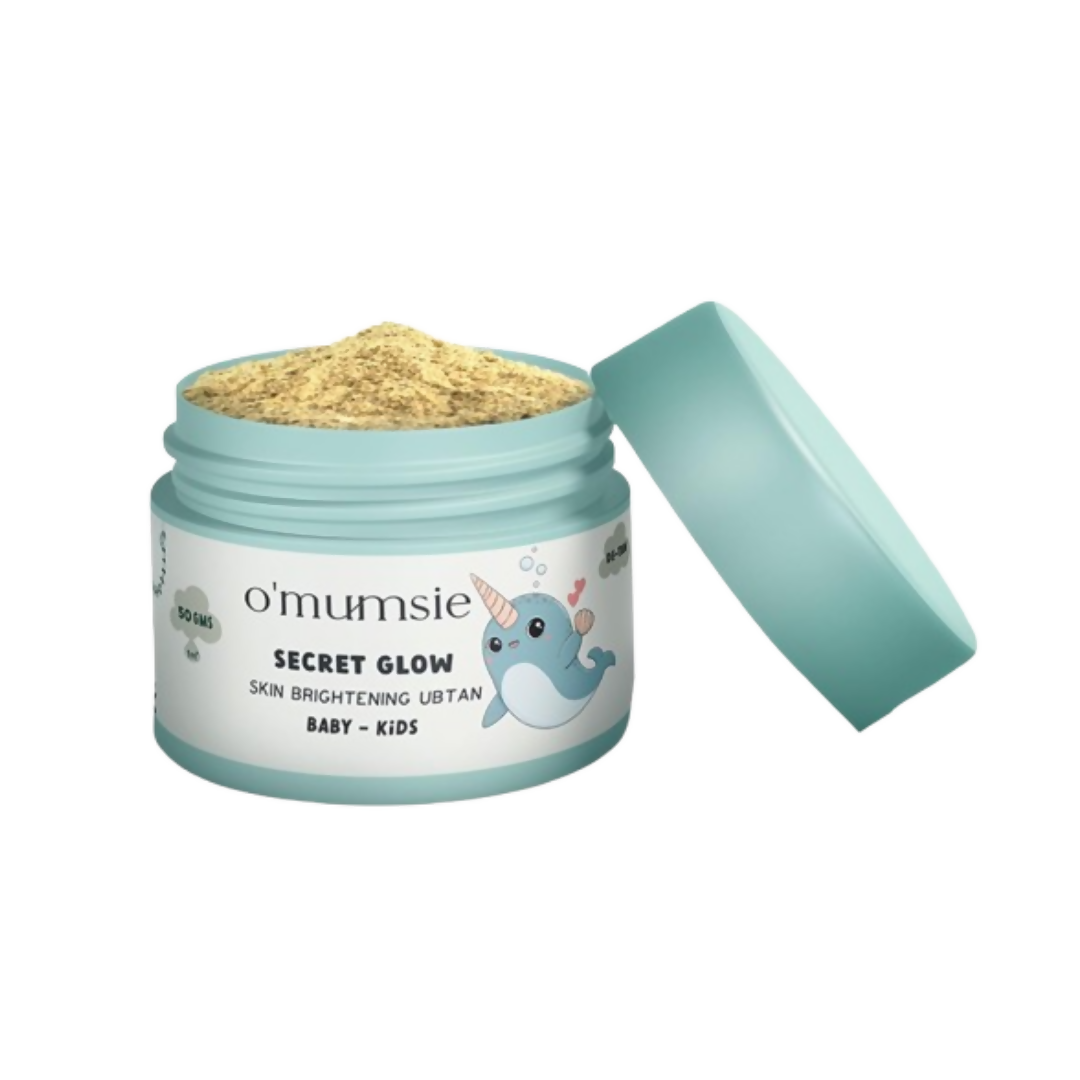 O'Mumsie Secret Glow Skin Brightening Baby Ubtan in a jar, designed for gentle baby skin brightening and body scrubbing.