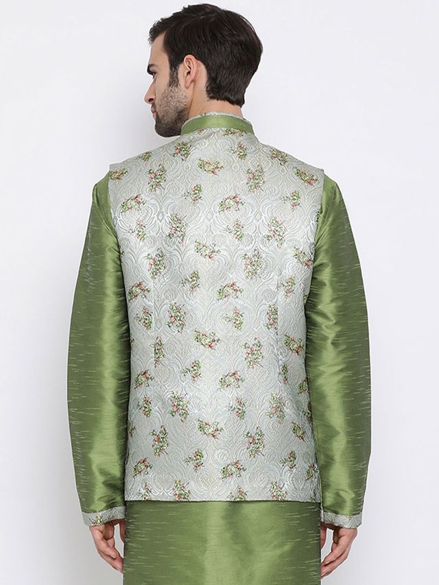 Men's Green Cotton Silk Straight Jacket  Kurta and Pyjama Set