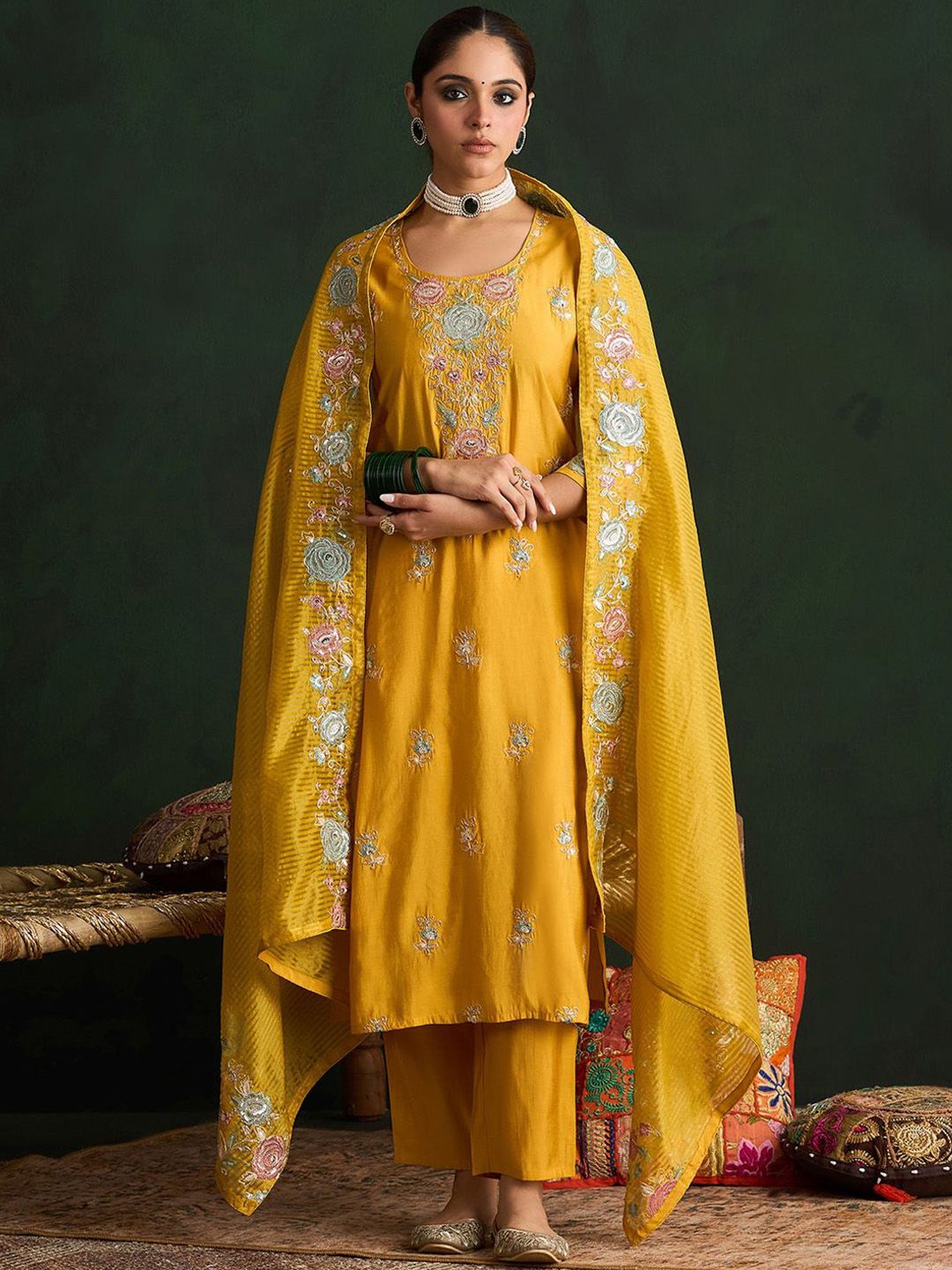 Indyancart IE Mustard Yellow Floral Embroidered Straight Kurta with Trousers & Dupatta