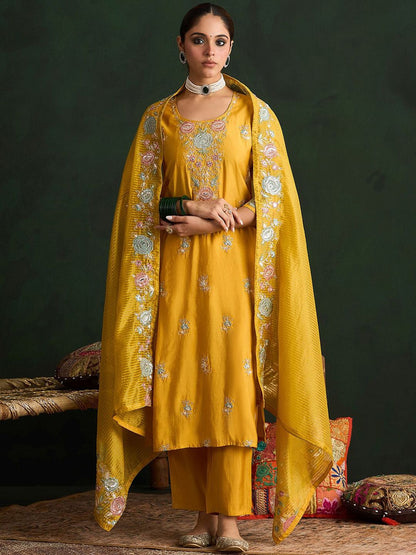 Indyancart IE Mustard Yellow Floral Embroidered Straight Kurta with Trousers & Dupatta