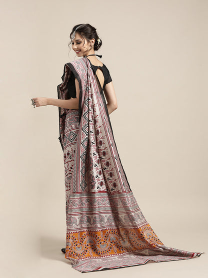 Women's Bhagalpuri Silk Grey Printed Designer Saree With Blouse Piece