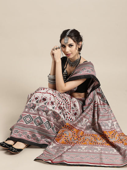 Women's Bhagalpuri Silk Grey Printed Designer Saree With Blouse Piece