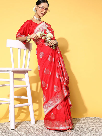Women's Silk Blend Red Woven Design Celebrity Saree With Blouse Piece